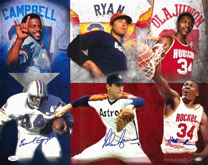 Houston Sports Legends Multi Signed 16x20 Print With Nolan Ryan, Hakeem Olajuwon, and Earl Campbell (Ryan Holo and JSA) 